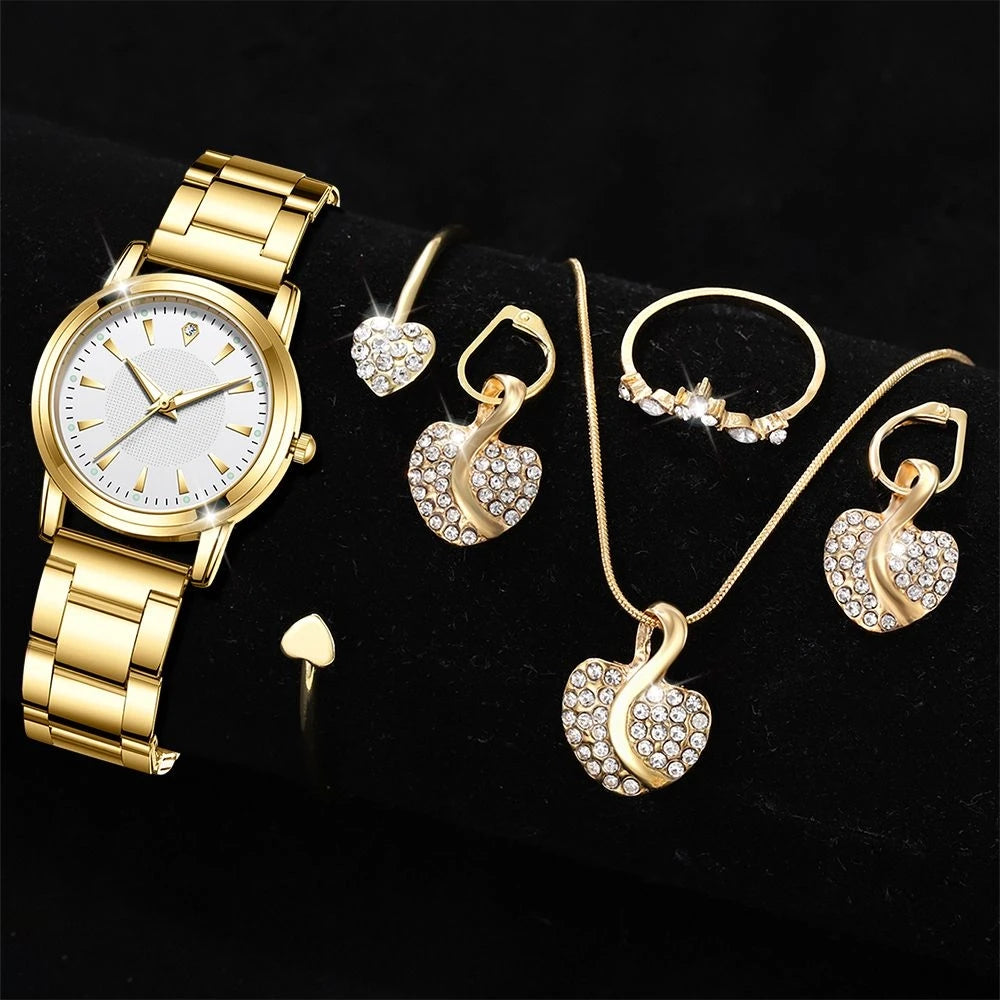 Quartz Watch Gold Luxury, Ring, Necklace, Earring, Jewelry Set ﻿