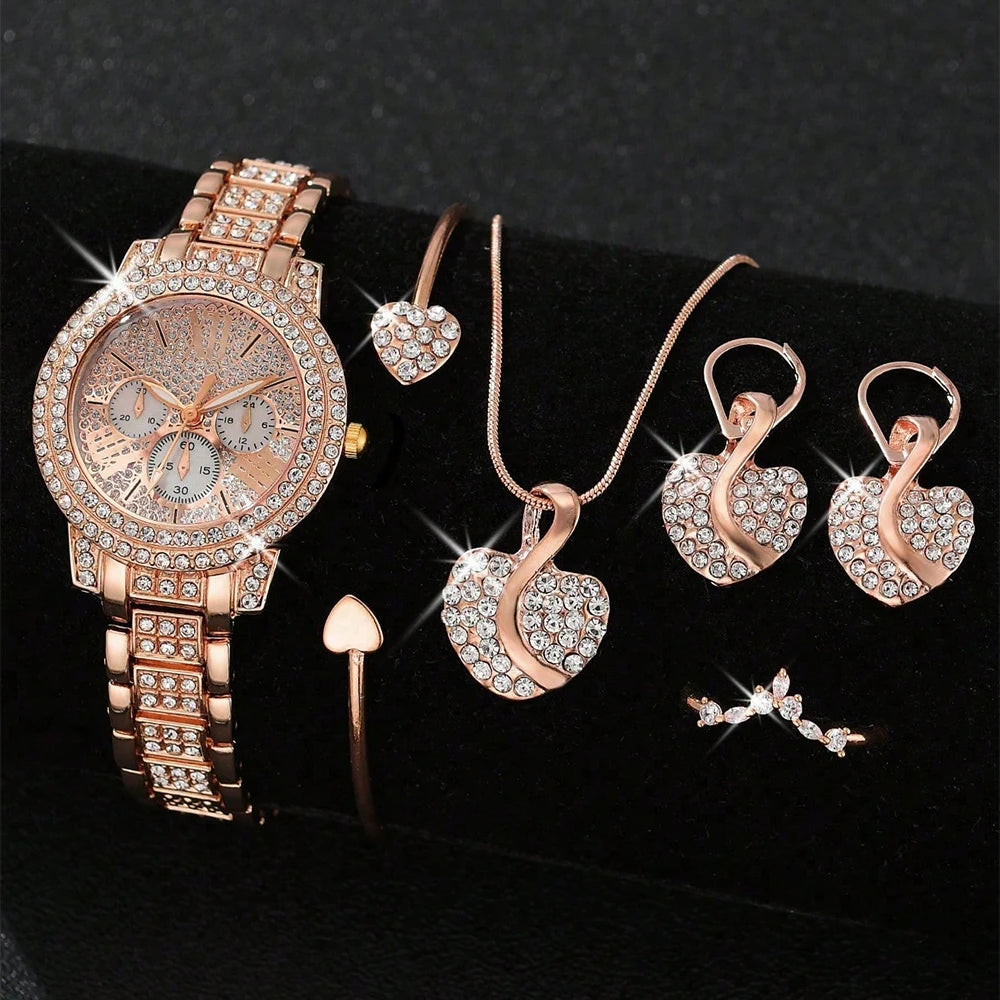 Quartz Watch Gold Luxury, Ring, Necklace, Earring, Jewelry Set ﻿