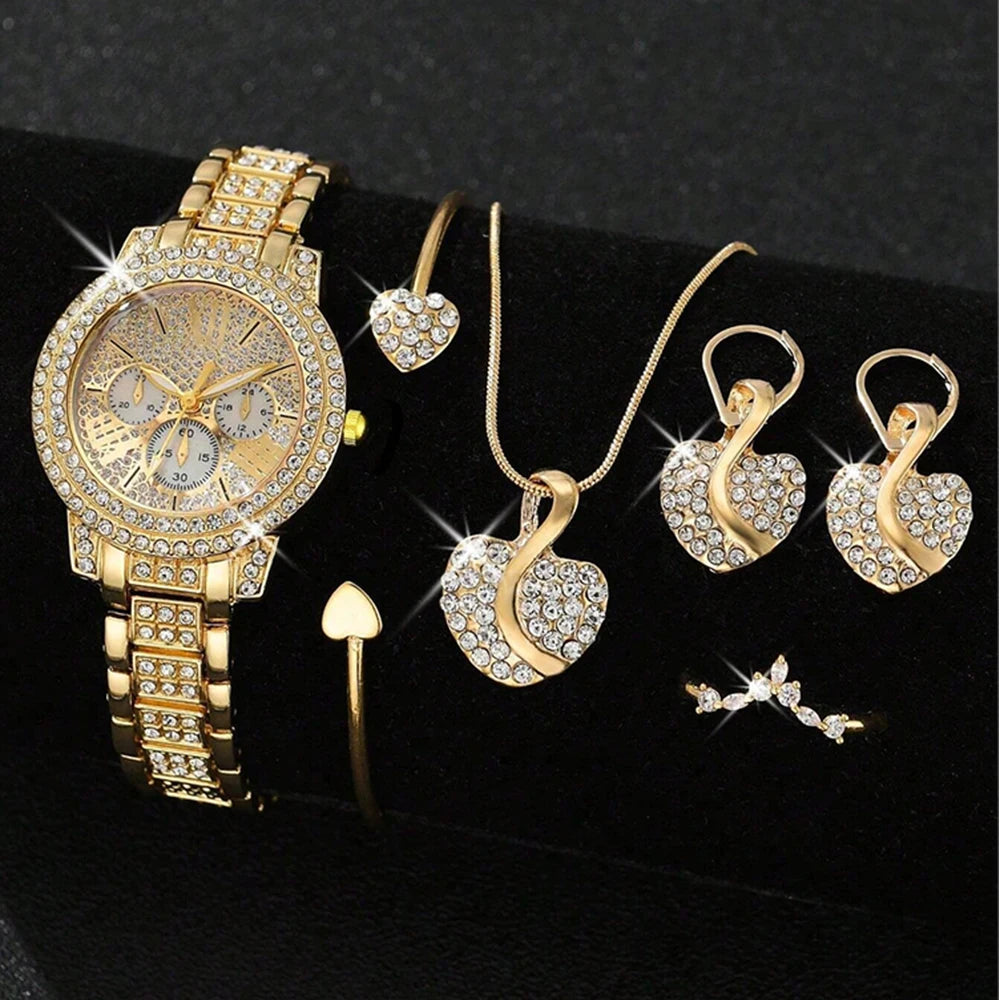 Quartz Watch Gold Luxury, Ring, Necklace, Earring, Jewelry Set ﻿