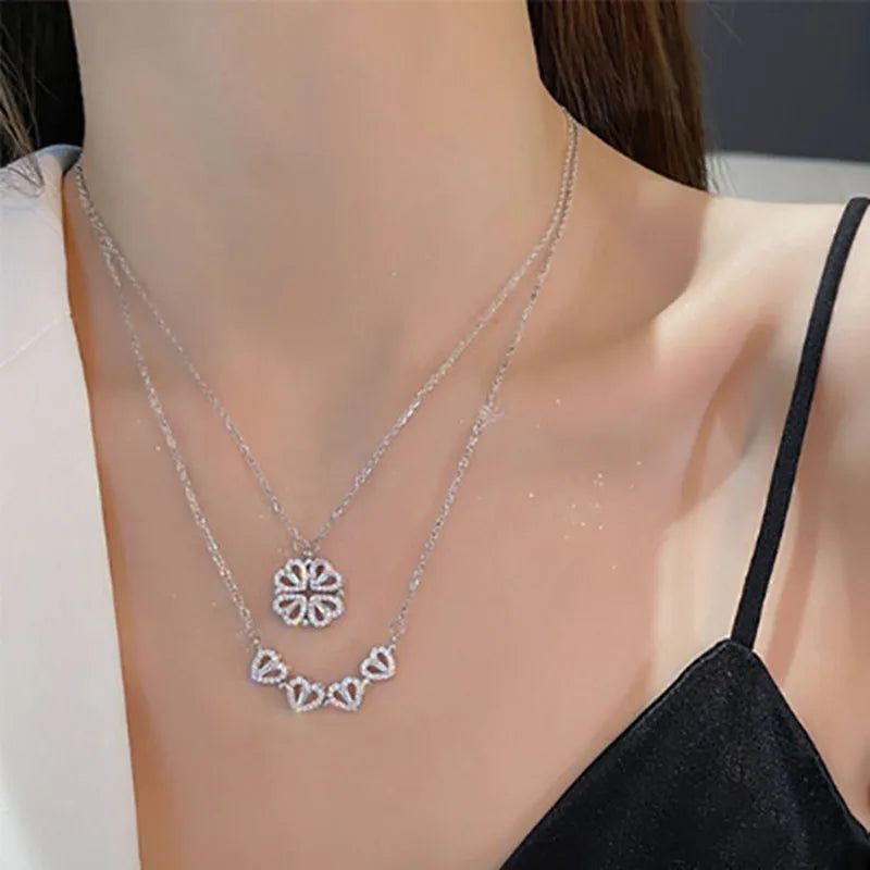 1pc Heart Shaped Four Leaf Clover Pendant Necklace