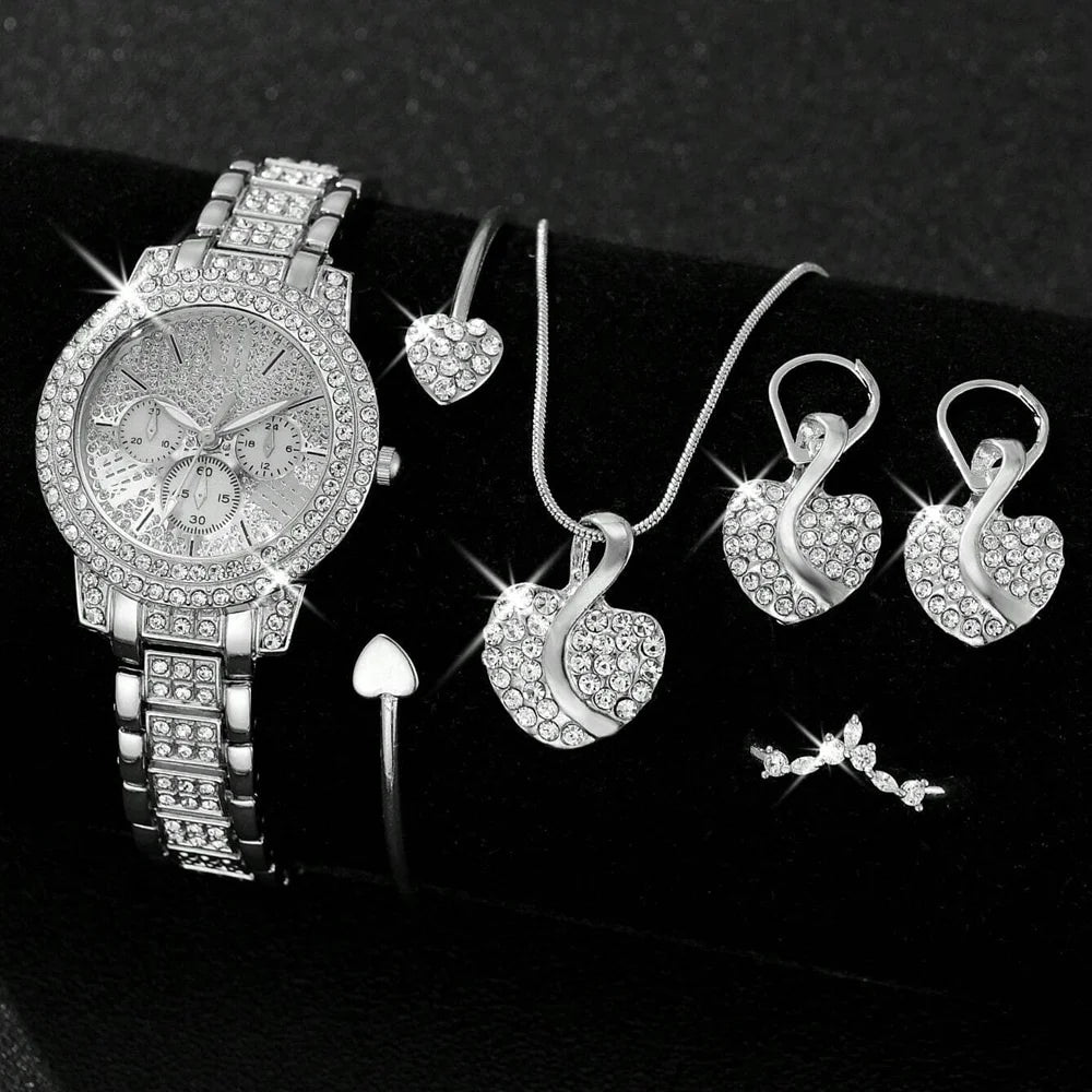 Quartz Watch Gold Luxury, Ring, Necklace, Earring, Jewelry Set ﻿