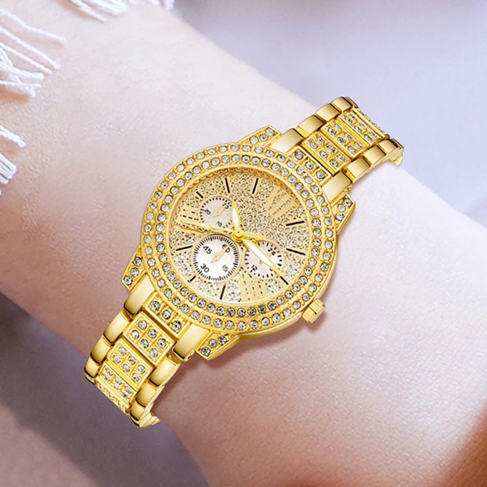 Quartz Watch Gold Luxury, Ring, Necklace, Earring, Jewelry Set ﻿